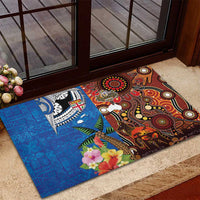 Fiji and Australia Together Rubber Doormat Fijian Tapa Plants with Kangaroo and Aboriginal - Polynesian Pride