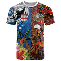 Fiji and Australia Together T Shirt Fijian Tapa Plants with Kangaroo and Aboriginal - Polynesian Pride