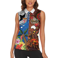 Fiji and Australia Together Women Sleeveless Polo Shirt Fijian Tapa Plants with Kangaroo and Aboriginal - Polynesian Pride