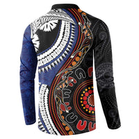 Fiji and Australia Together Button Sweatshirt Kangaroo Aboriginal with Tribal Tapa Hibiscus Half Style - Polynesian Pride