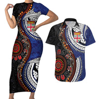 Fiji and Australia Together Couples Matching Short Sleeve Bodycon Dress and Hawaiian Shirt Kangaroo Aboriginal with Tribal Tapa Hibiscus Half Style - Polynesian Pride