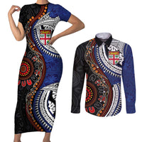 Fiji and Australia Together Couples Matching Short Sleeve Bodycon Dress and Long Sleeve Button Shirt Kangaroo Aboriginal with Tribal Tapa Hibiscus Half Style - Polynesian Pride