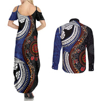 Fiji and Australia Together Couples Matching Summer Maxi Dress and Long Sleeve Button Shirt Kangaroo Aboriginal with Tribal Tapa Hibiscus Half Style - Polynesian Pride