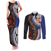 Fiji and Australia Together Couples Matching Tank Maxi Dress and Long Sleeve Button Shirt Kangaroo Aboriginal with Tribal Tapa Hibiscus Half Style - Polynesian Pride