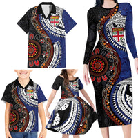 Fiji and Australia Together Family Matching Long Sleeve Bodycon Dress and Hawaiian Shirt Kangaroo Aboriginal with Tribal Tapa Hibiscus Half Style - Polynesian Pride