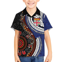 Fiji and Australia Together Family Matching Off Shoulder Short Dress and Hawaiian Shirt Kangaroo Aboriginal with Tribal Tapa Hibiscus Half Style - Polynesian Pride