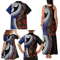 Fiji and Australia Together Family Matching Tank Maxi Dress and Hawaiian Shirt Kangaroo Aboriginal with Tribal Tapa Hibiscus Half Style - Polynesian Pride