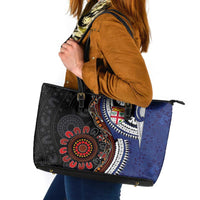 Fiji and Australia Together Leather Tote Bag Kangaroo Aboriginal with Tribal Tapa Hibiscus Half Style - Polynesian Pride