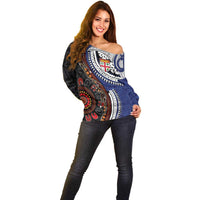 Fiji and Australia Together Off Shoulder Sweater Kangaroo Aboriginal with Tribal Tapa Hibiscus Half Style - Polynesian Pride