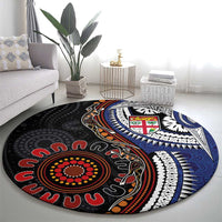 Fiji and Australia Together Round Carpet Kangaroo Aboriginal with Tribal Tapa Hibiscus Half Style - Polynesian Pride