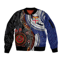 Fiji and Australia Together Sleeve Zip Bomber Jacket Kangaroo Aboriginal with Tribal Tapa Hibiscus Half Style - Polynesian Pride