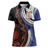 Fiji and Australia Together Women Polo Shirt Kangaroo Aboriginal with Tribal Tapa Hibiscus Half Style - Polynesian Pride