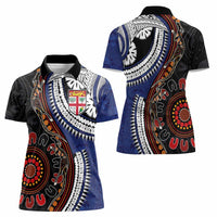 Fiji and Australia Together Women Polo Shirt Kangaroo Aboriginal with Tribal Tapa Hibiscus Half Style - Polynesian Pride