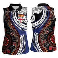 Fiji and Australia Together Women Sleeveless Polo Shirt Kangaroo Aboriginal with Tribal Tapa Hibiscus Half Style - Polynesian Pride