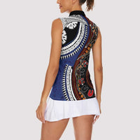 Fiji and Australia Together Women Sleeveless Polo Shirt Kangaroo Aboriginal with Tribal Tapa Hibiscus Half Style - Polynesian Pride