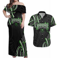 Traditional Art Hawaiian Kakau Tattoos Couples Matching Off Shoulder Maxi Dress and Hawaiian Shirt Green Color - Polynesian Pride