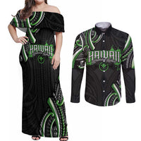 Traditional Art Hawaiian Kakau Tattoos Couples Matching Off Shoulder Maxi Dress and Long Sleeve Button Shirt Green Color - Polynesian Pride