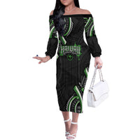 Traditional Art Hawaiian Kakau Tattoos Family Matching Off The Shoulder Long Sleeve Dress and Hawaiian Shirt Green Color - Polynesian Pride