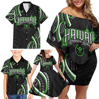 Traditional Art Hawaiian Kakau Tattoos Family Matching Off Shoulder Short Dress and Hawaiian Shirt Green Color - Polynesian Pride