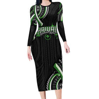 Traditional Art Hawaiian Kakau Tattoos Long Sleeve Bodycon Dress Green Color - Polynesian Pride