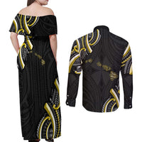 Traditional Art Hawaiian Kakau Tattoos Couples Matching Off Shoulder Maxi Dress and Long Sleeve Button Shirt Yellow Color - Polynesian Pride
