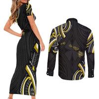 Traditional Art Hawaiian Kakau Tattoos Couples Matching Short Sleeve Bodycon Dress and Long Sleeve Button Shirt Yellow Color - Polynesian Pride