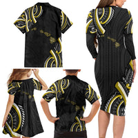 Traditional Art Hawaiian Kakau Tattoos Family Matching Long Sleeve Bodycon Dress and Hawaiian Shirt Yellow Color - Polynesian Pride