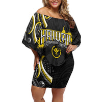 Traditional Art Hawaiian Kakau Tattoos Family Matching Off Shoulder Short Dress and Hawaiian Shirt Yellow Color - Polynesian Pride