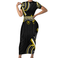 Traditional Art Hawaiian Kakau Tattoos Family Matching Short Sleeve Bodycon Dress and Hawaiian Shirt Yellow Color - Polynesian Pride