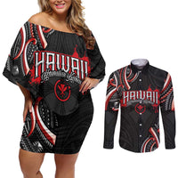 Traditional Art Hawaiian Kakau Tattoos Couples Matching Off Shoulder Short Dress and Long Sleeve Button Shirt Red Color - Polynesian Pride