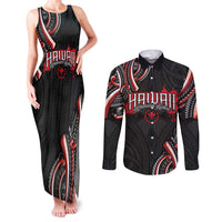Traditional Art Hawaiian Kakau Tattoos Couples Matching Tank Maxi Dress and Long Sleeve Button Shirt Red Color - Polynesian Pride