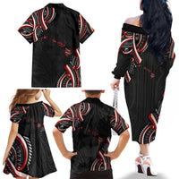Traditional Art Hawaiian Kakau Tattoos Family Matching Off The Shoulder Long Sleeve Dress and Hawaiian Shirt Red Color - Polynesian Pride