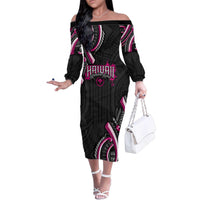 Traditional Art Hawaiian Kakau Tattoos Family Matching Off The Shoulder Long Sleeve Dress and Hawaiian Shirt Pink Color - Polynesian Pride