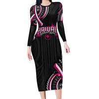 Traditional Art Hawaiian Kakau Tattoos Long Sleeve Bodycon Dress Pink Color - Polynesian Pride