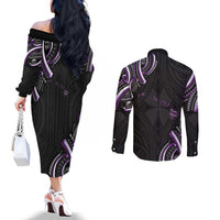 Traditional Art Hawaiian Kakau Tattoos Couples Matching Off The Shoulder Long Sleeve Dress and Long Sleeve Button Shirt Purple Color - Polynesian Pride