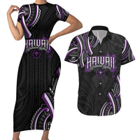 Traditional Art Hawaiian Kakau Tattoos Couples Matching Short Sleeve Bodycon Dress and Hawaiian Shirt Purple Color - Polynesian Pride