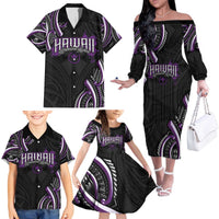 Traditional Art Hawaiian Kakau Tattoos Family Matching Off The Shoulder Long Sleeve Dress and Hawaiian Shirt Purple Color - Polynesian Pride