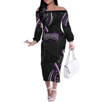 Traditional Art Hawaiian Kakau Tattoos Family Matching Off The Shoulder Long Sleeve Dress and Hawaiian Shirt Purple Color - Polynesian Pride