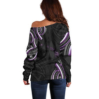 Traditional Art Hawaiian Kakau Tattoos Off Shoulder Sweater Purple Color - Polynesian Pride