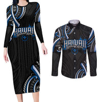 Traditional Art Hawaiian Kakau Tattoos Couples Matching Long Sleeve Bodycon Dress and Long Sleeve Button Shirt Blue Color - Polynesian Pride