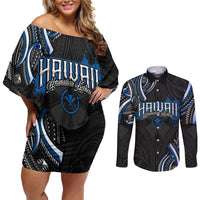 Traditional Art Hawaiian Kakau Tattoos Couples Matching Off Shoulder Short Dress and Long Sleeve Button Shirt Blue Color - Polynesian Pride