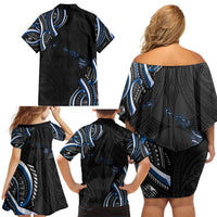 Traditional Art Hawaiian Kakau Tattoos Family Matching Off Shoulder Short Dress and Hawaiian Shirt Blue Color - Polynesian Pride