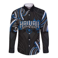 Traditional Art Hawaiian Kakau Tattoos Long Sleeve Button Shirt Blue Color - Polynesian Pride