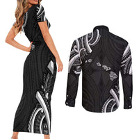 Traditional Art Hawaiian Kakau Tattoos Couples Matching Short Sleeve Bodycon Dress and Long Sleeve Button Shirt White - Polynesian Pride