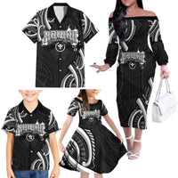 Traditional Art Hawaiian Kakau Tattoos Family Matching Off The Shoulder Long Sleeve Dress and Hawaiian Shirt White - Polynesian Pride