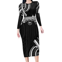 Traditional Art Hawaiian Kakau Tattoos Long Sleeve Bodycon Dress White - Polynesian Pride