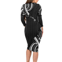Traditional Art Hawaiian Kakau Tattoos Long Sleeve Bodycon Dress White - Polynesian Pride