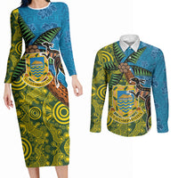 Tuvalu and Australia Together Couples Matching Long Sleeve Bodycon Dress and Long Sleeve Button Shirt Tapa Pattern and Aboriginal mix Culture