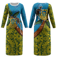 Tuvalu and Australia Together Couples Matching Long Sleeve Bodycon Dress and Long Sleeve Button Shirt Tapa Pattern and Aboriginal mix Culture