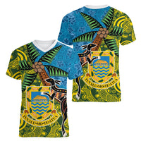 Tuvalu and Australia Together Women V-Neck T-Shirt Tapa Pattern and Aboriginal mix Culture